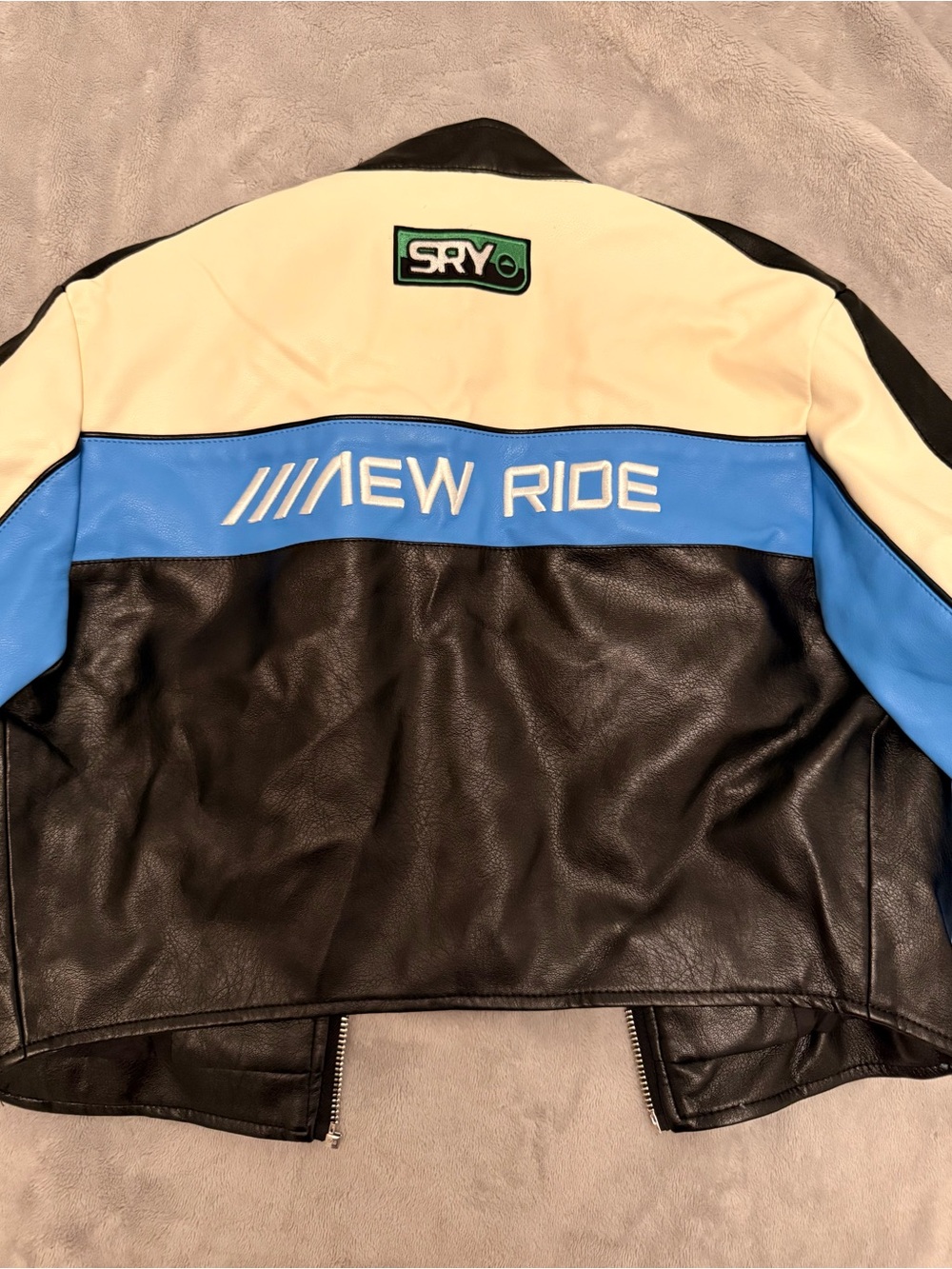 Bershka Blue, Black & Cream Racing Leather Jacket - Picture 2 of 2